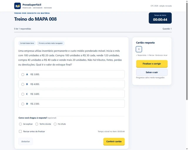 Tela real do simulado revisado: caso de aplicação, alternativas, confiança na resposta e cartão-resposta